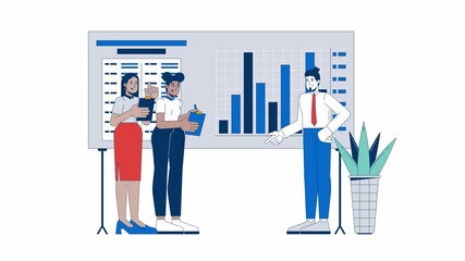 Poster - Internal report cartoon animation. Company audit. Finances analyzing 4K video motion graphic. Diverse team members discussing corporate charts animated 2D characters isolated on white background