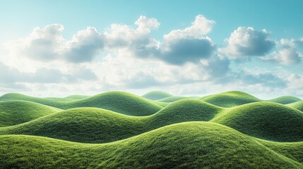 Poster - Rolling hillside of lush green grass under a vast blue sky, dotted with soft clouds, perfect for nature and landscape photography