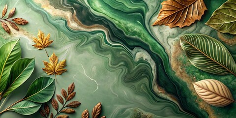 Wall Mural - Serene Autumnal Leaves on Abstract Green Marble Texture