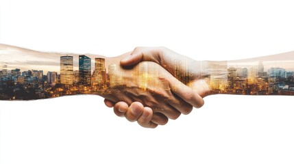 Poster - Two hands shaking in a professional business deal with a cityscape double exposure effect, representing modern corporate innovation and growth