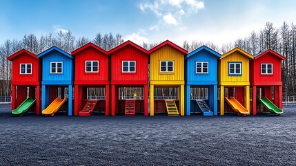 Colorful playhouses line up at a playground with slides