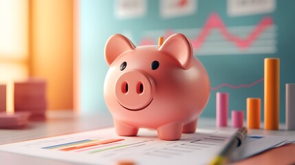 Piggy bank with rising investment graph and financial strategy documents 