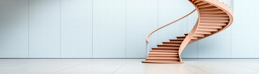 Poster - modern spiral staircase in minimalist interior space, showcasing elegant design and soft lighting. staircase features wooden steps and smooth railing, creating stylish focal point