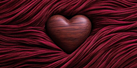 Wall Mural - A wooden heart rests amidst a bed of rich, red fabric, symbolizing love and warmth in an inviting, textured setting.