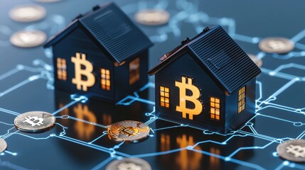 Poster - Digital Concept of Blockchain Technology with Cryptocurrency and Houses on a High-Tech Background