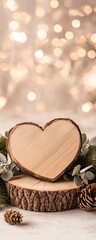 Wall Mural - A wooden heart-shaped plaque rests on a rustic slice of wood, surrounded by pinecones and greenery, with a softly blurred bokeh background.