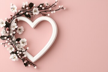 Wall Mural - A heart-shaped frame adorned with delicate flowers against a soft pink background, symbolizing love and beauty.