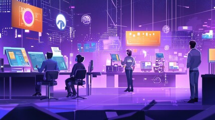 Poster - Team Conducts AI-Based Workforce Training in High-Tech Digital Environment with Screens and Data Visualizations