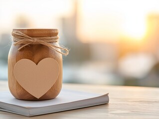 Wall Mural - A rustic jar with a heart-shaped label sits on a notebook, bathed in warm sunset light, evoking feelings of love and tranquility.