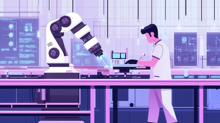 Poster - AI Powered Worker Operating Assembly Line with Robotic Arm in Modern Manufacturing Environment