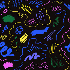 Leinwandbilder - Scribble pattern with doodles. Colored abstract design, seamless background with neon brushstrokes, squiggles. Trendy endless texture, print for fabric, wallpaper, wrapping. Flat vector illustration