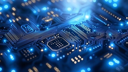 Poster - Glowing Abstract Circuit Board with Blue Lights and Digital Effects  Futuristic technology background with microchips electric circuits and neon illumination  Concept of innovation science