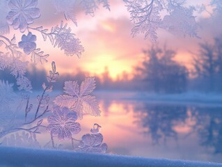 Aufkleber - Beautiful sunrise over frozen lake, ice crystals on window glass, delicate frosty flowers in the shape of leaves and snowflakes, winter landscape background with pink, purple and blue sky.