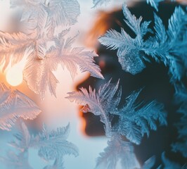 Poster - Close-up of delicate frost patterns on a window pane illuminated by soft morning light. A silhouette of a beautiful woman's face is visible outside the window. Natural ice art.