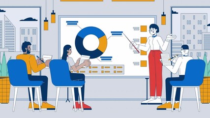 Poster - Company summary of fiscal year cartoon animation. Annual report performance 4K video 2D motion graphic. Woman manager briefing team diverse animated characters on whiteboard statistics background