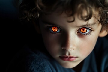 Portrait of aggressive kid with glowing red eyes staring intensely in a dark environment