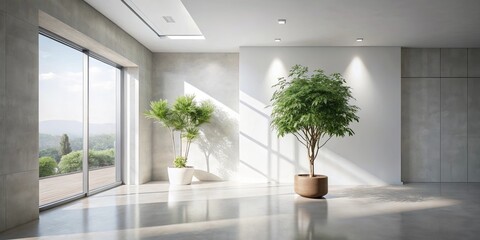 Wall Mural - Modern minimalist interior design showcasing sunlight streaming through large window onto polished concrete floor, highlighting potted plants