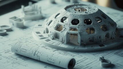 Aufkleber - Futuristic dome model rests on blueprints.