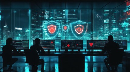 Poster - Cybersecurity team monitors screens with shield icons, city background.
