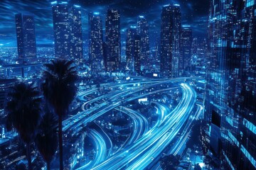 Poster - Glowing night cityscape with blue lights and traffic trails.