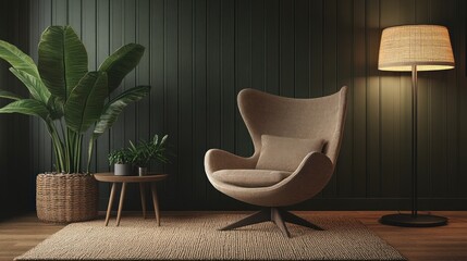 Poster - Cozy chair, plants, and lamp in a stylish interior space.