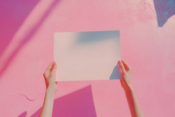 Leinwandbilder - Hands hold blank paper against pink textured wall with shadow.
