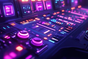 Poster - Futuristic control panel with glowing buttons and screens.