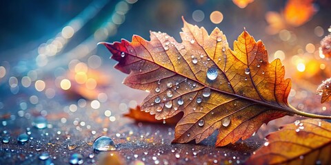 Sticker - Autumn leaf with dew drops and bokeh background