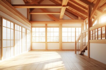 Poster - Bright interior of wood house with beams and staircase.