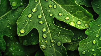 Poster - Wet green oak leaves closeup with droplets.