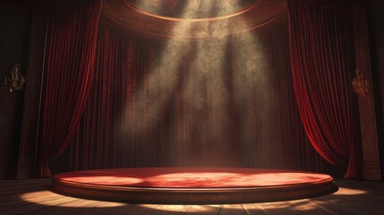 Aufkleber - Empty stage with red curtains illuminated by spotlight in a theater.