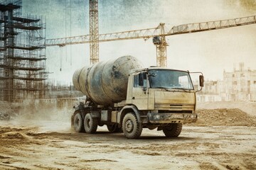 Aufkleber - Cement truck on dirt at construction site with cranes.