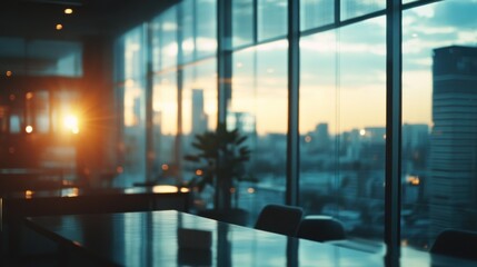 Poster - Blurred office interior with city skyline view at sunset.