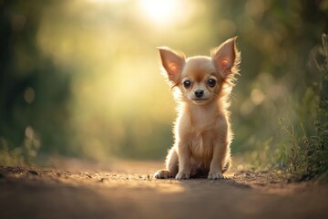 Poster - Small brown chihuahua puppy sits on path with sunlit background.