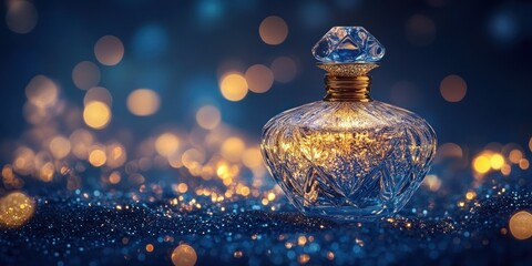 Poster - Refracting light perfume bottle on glittery surface,bokeh lights background.