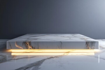 Poster - Marble platform with gold light against gray background.
