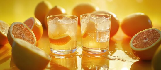 Poster - Two iced drinks with citrus fruit on yellow reflective surface.