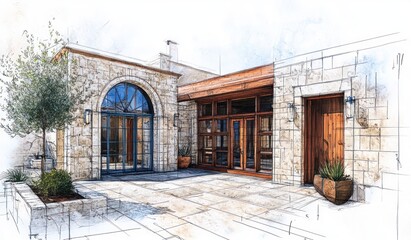 Aufkleber - Stone house sketch with doors and tree.