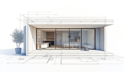 Leinwandbilder - Architectural drawing of modern minimalist house design with interior details.