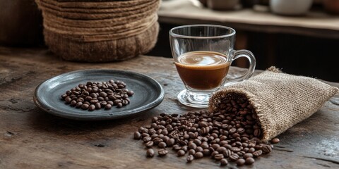 Aufkleber - Coffee beans, cup and sack on rustic wood surface.