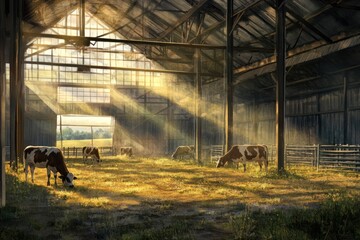 Poster - Cows graze in sunlit, wooden barn.