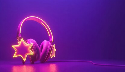 Poster - Neon star headphones on purple.