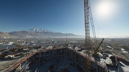 Aufkleber - Building construction with mountains, crane, and clear sky view.