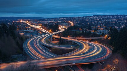 Poster - Curved highway at dusk with light trails and city lights.