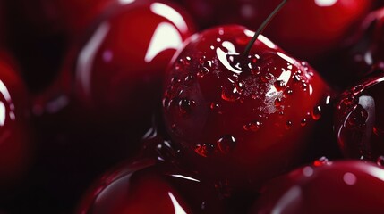 Poster - Close-up of shiny, wet, fresh, dark red cherries.