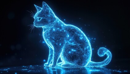 Aufkleber - Glowing, blue, wireframe cat sitting in a digital space.