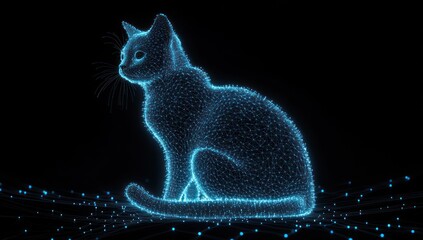 Aufkleber - Glowing digital cat sits on dotted lines against black.
