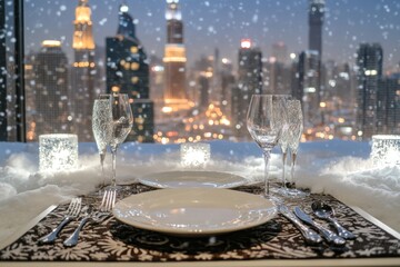 Poster - Dinner table set with city view and artificial snow.