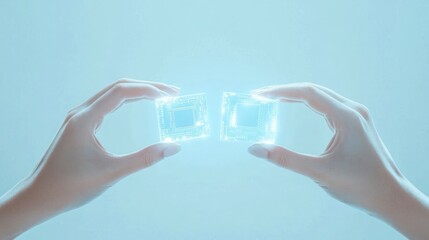 Aufkleber - Hands hold glowing tech cubes, blue background.