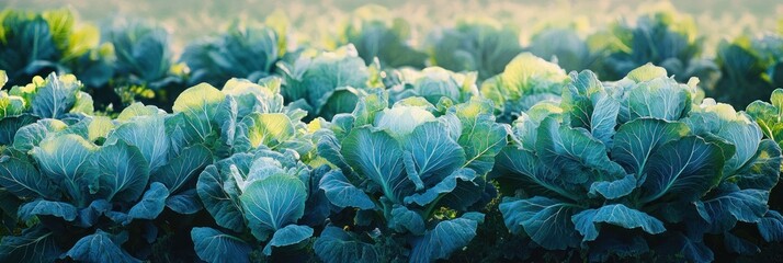 Poster - Rows of leafy cabbage plants growing in sunlit field.